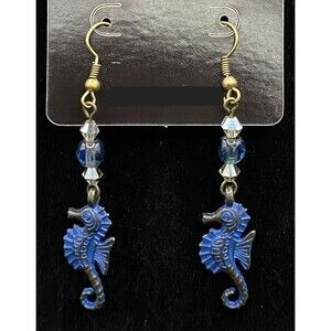 Handmade Seahorse with Blue Glass & Smoky Crystal Bead Earrings by Neanie-Bot